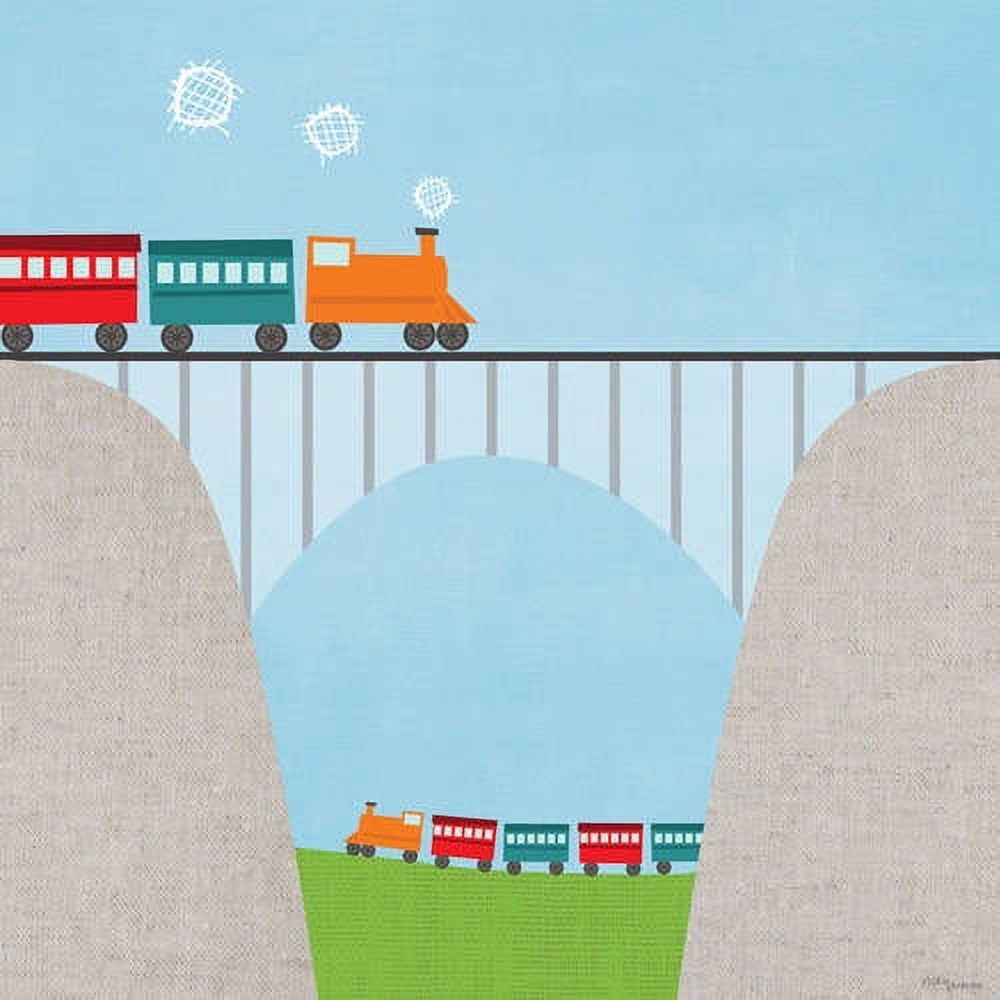 Illustration of a colorful train crossing a bridge over a ravine, with mountains on either side and clouds in the sky