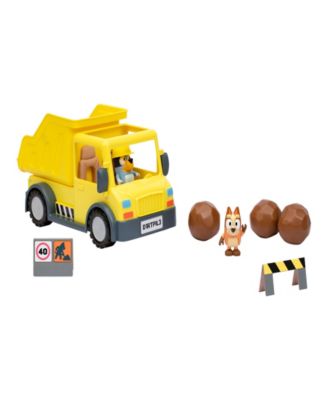 Bluey's Adventure Series yellow dump truck with exclusive hard-hat Bluey figure, muddy Bingo figure, and accessories