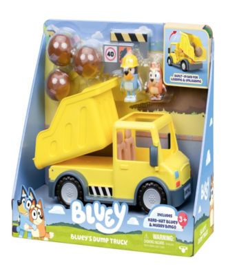 Bluey's Adventure Series yellow dump truck with exclusive hard-hat Bluey and muddy Bingo figures
