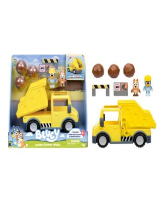 Bluey's Adventure Series yellow dump truck with exclusive hard-hat Bluey and muddy Bingo figures and accessories