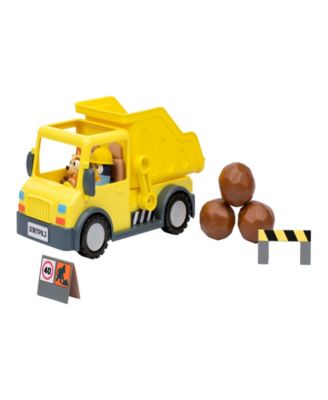 Bluey's Adventure Series yellow dump truck with exclusive hard-hat Bluey figure, muddy Bingo figure, and brown cargo ...