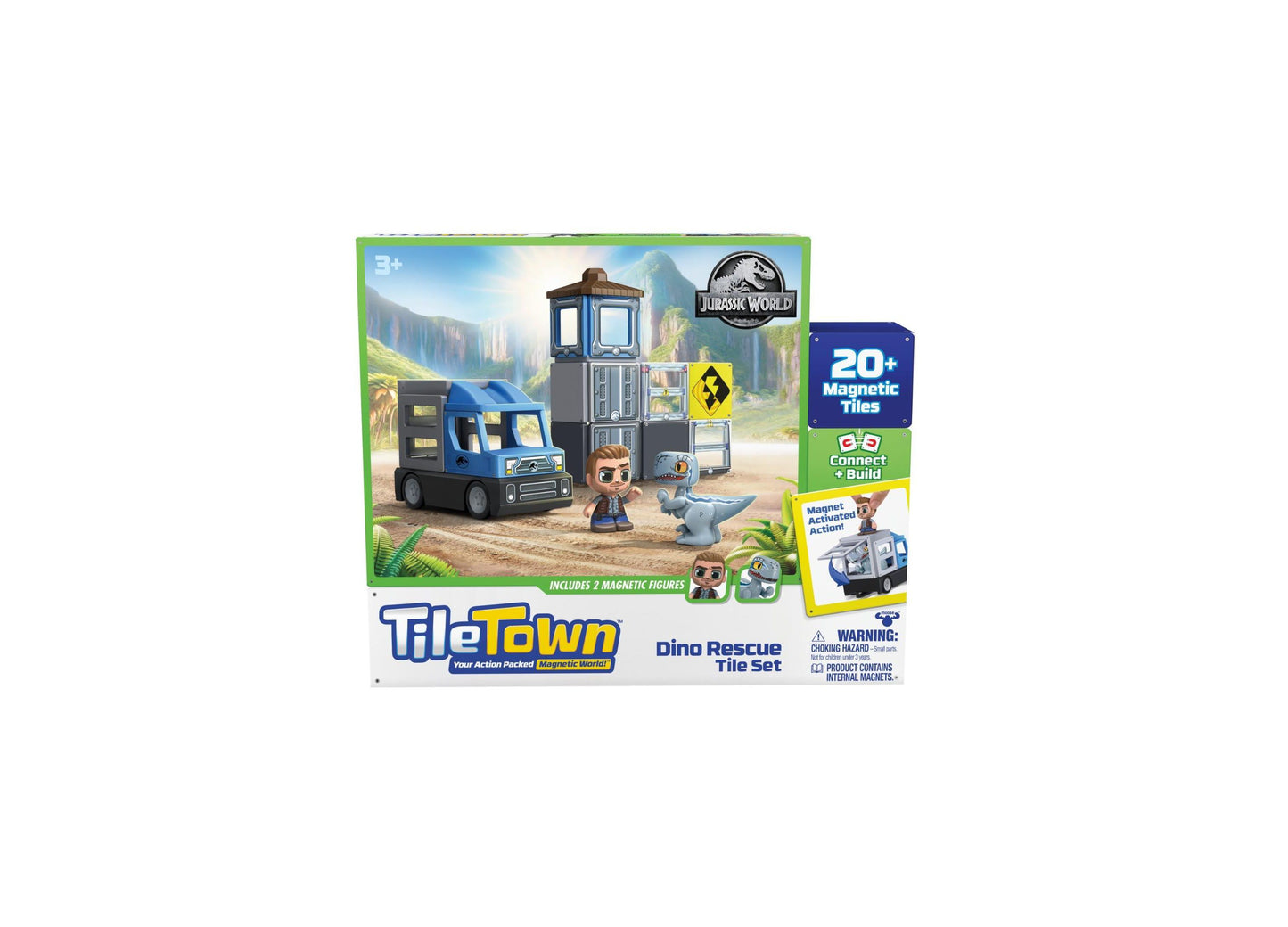 Tile Town Jurassic World Dino Rescue Tile Set box showing blue magnetic building playset with tower, vehicle, magnetic figures, and 20+ tiles on plain backgroun