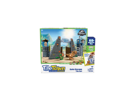 Tile Town Jurassic World Gate Escape magnetic tile set with 65+ pieces, featuring dinosaur-themed towers, T-Rex figure, and minifigure on plain background