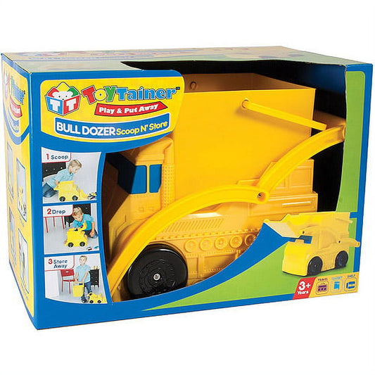 Toytainer Bulldozer Scoop-n-Sort Playset in bright yellow and blue packaging with large yellow bulldozer toy visible through clear window