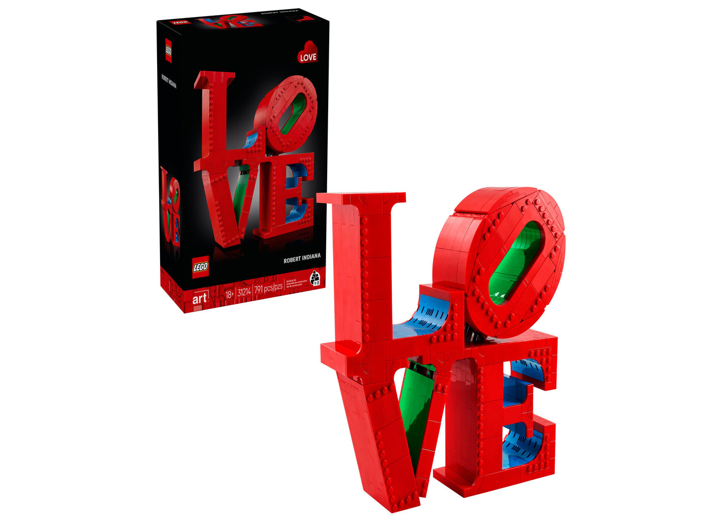 LEGO Art Love Sculpture building set with red brick letters spelling LOVE, featuring green heart elements and blue accents, shown assembled next to original pac