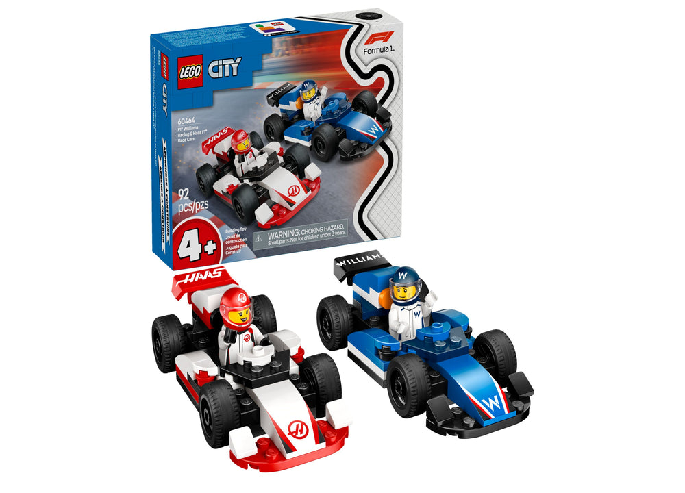 LEGO City F1 Williams & Haas Race Cars set with red and white Haas car and blue and white Williams car, each with dri...