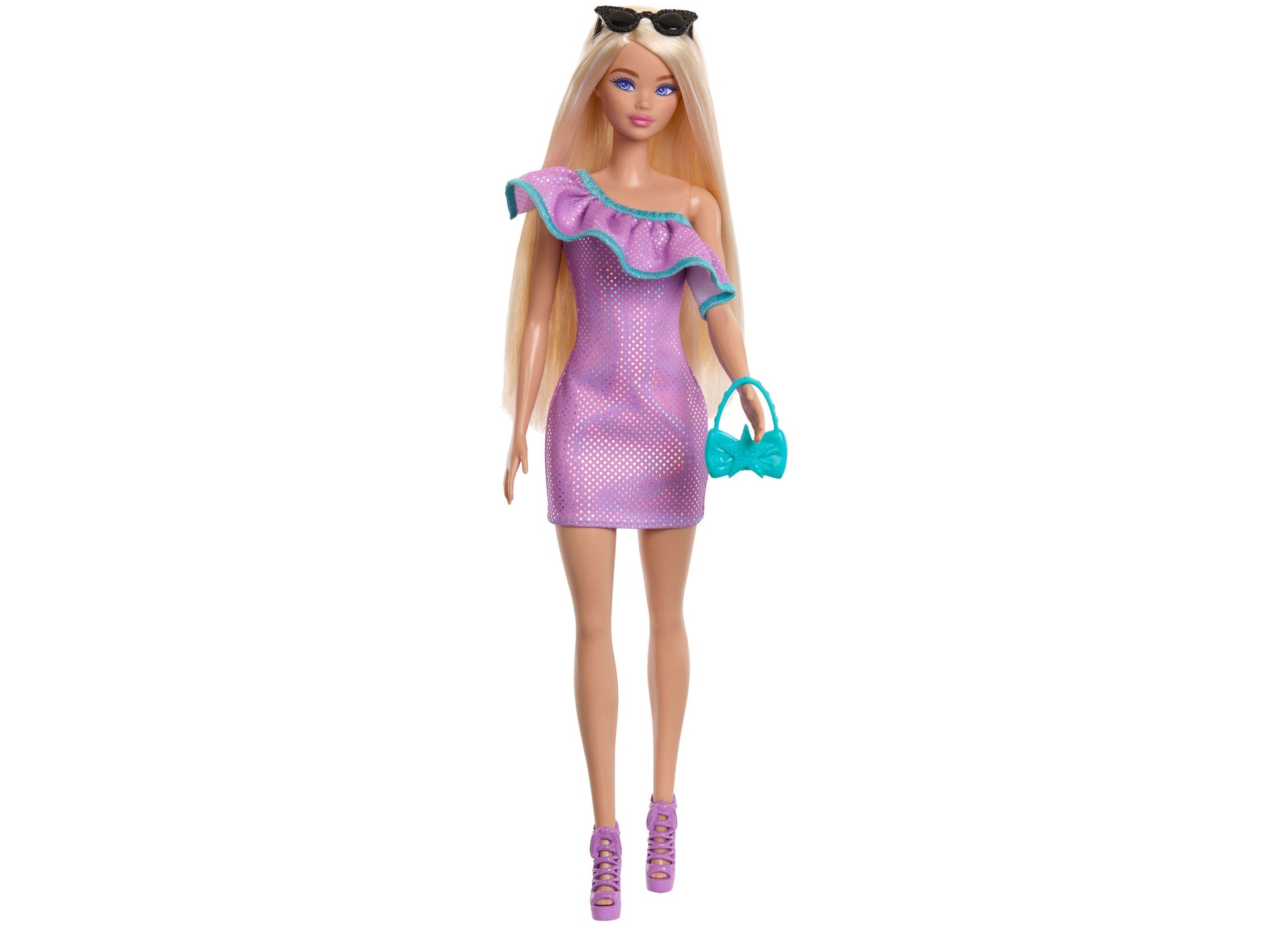 Fashion doll with long blonde hair wearing purple sequin one-shoulder dress with turquoise ruffle trim, black sunglasses, turquoise bow handbag, and purple plat