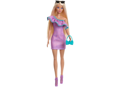 Fashion doll with long blonde hair wearing purple sequin one-shoulder dress with turquoise ruffle trim, black sunglasses, turquoise bow handbag, and purple plat