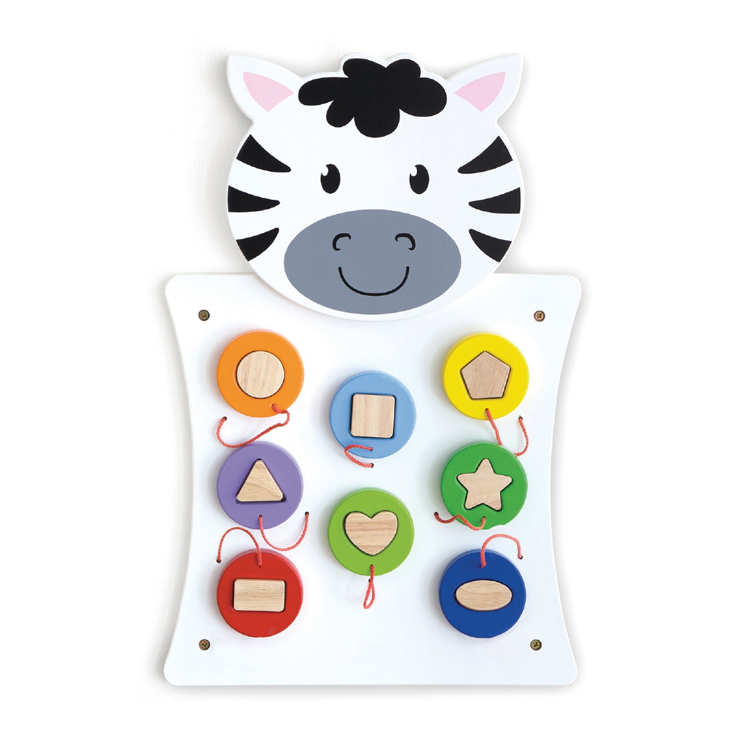 Zebra-shaped activity wall panel with colorful rotating discs featuring wooden shape inserts in orange, blue, yellow, purple, red, and green