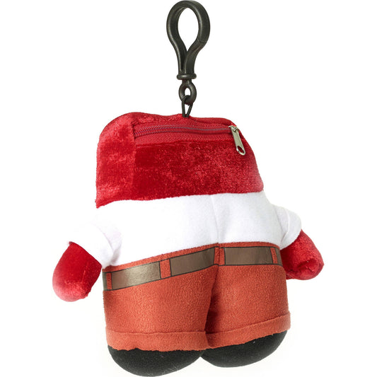 Santa Claus plush character with red hat, white beard, brown belt, and black boots, attached to dark loop keychain clip