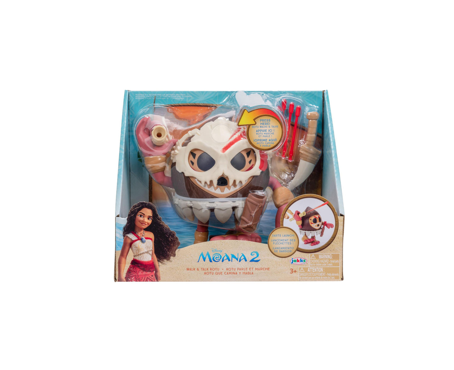 Moana 2 Walk & Talk Kotu action figure in packaging, skull-shaped character with white face, red hair, and brown arms holding accessories