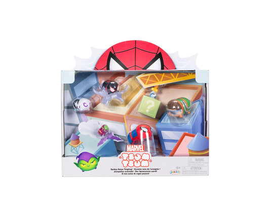 Marvel Tsum Tsum Spider-Man Deluxe Theme Set package showing plush figures and playmat with red spider head topper and blue/orange building scene