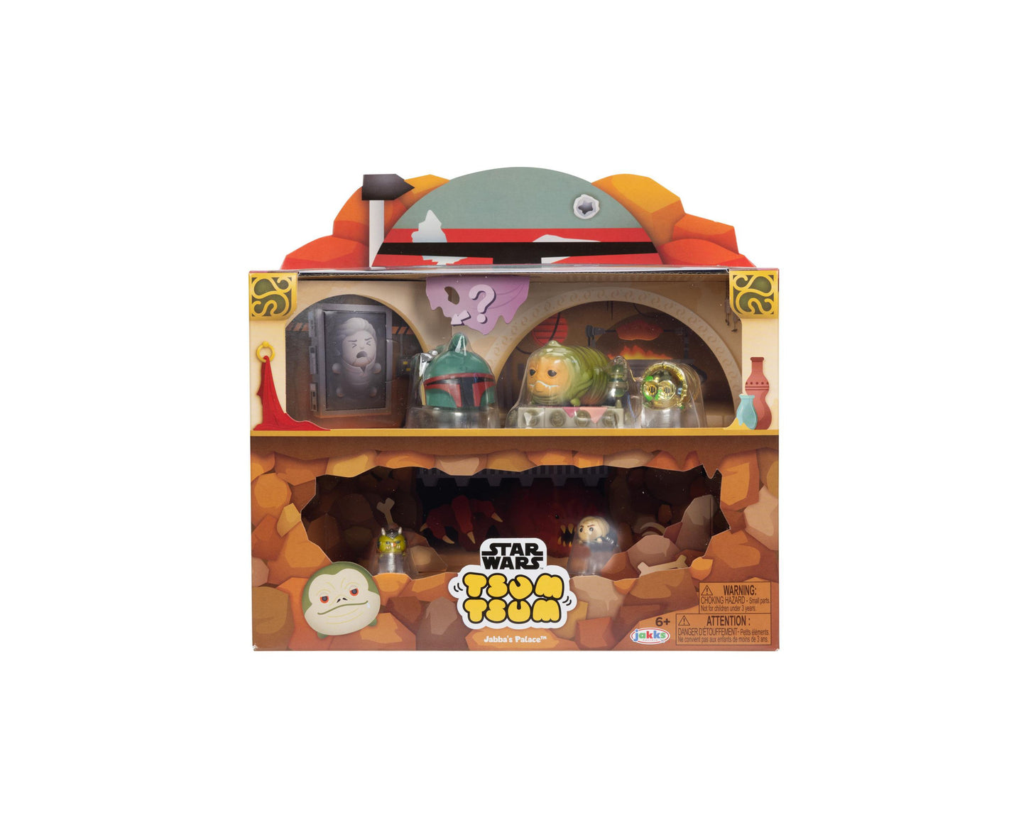Star Wars Tsum Tsum Jabba's Palace Deluxe Set with plush figures and accessories displayed in themed cardboard playset