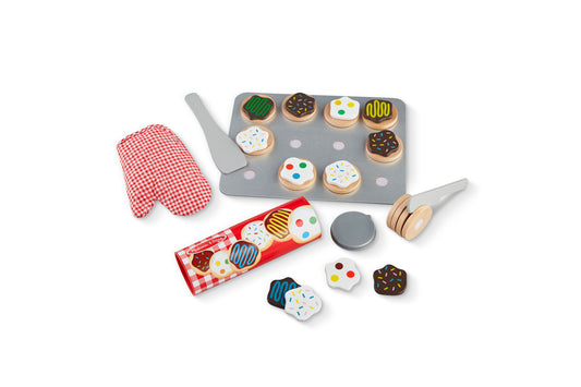 Melissa & Doug Slice and Bake Cookie Set with wooden cookies, baking tray, and accessories