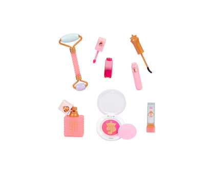 Disney Princess 11-Piece Style Collection Makeup Tools & Tote with pink tote, jade roller, compact mirror, lipstick, ...