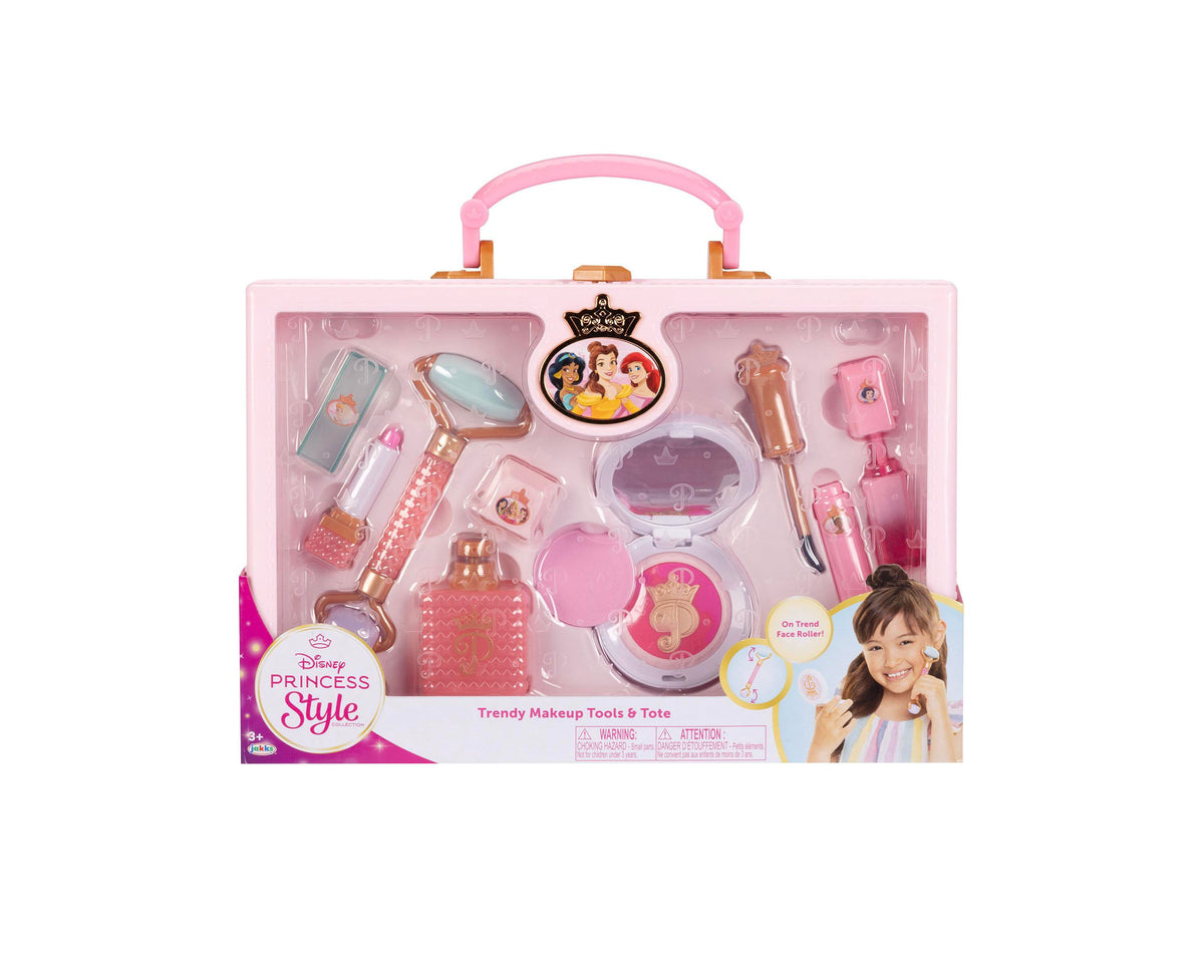 Disney Princess Style Collection Trendy Makeup Tools & Tote with 11 accessories including jade roller, lipstick, masc...