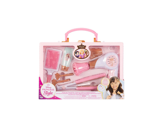 Disney Princess Trendy Hair Tools & Tote styling set with pink carry case, brush, hairdryer, straightener, curling iron, comb, and princess-themed accessories
