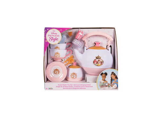Disney Princess Style Sweet Stylin' Tea Set in pink and white with teapot, cups, saucers, and accessories featuring princess branding, displayed in open box