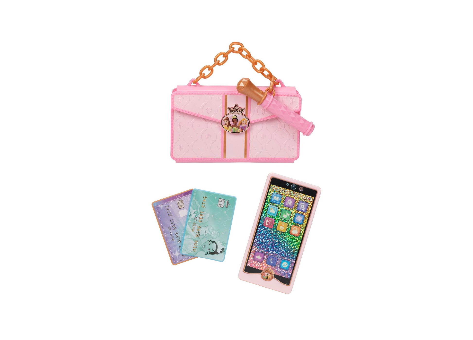 Disney Princess pink clutch with orange chain handle, two decorative cards, and pink play phone with colorful interactive screen displayed on plain background