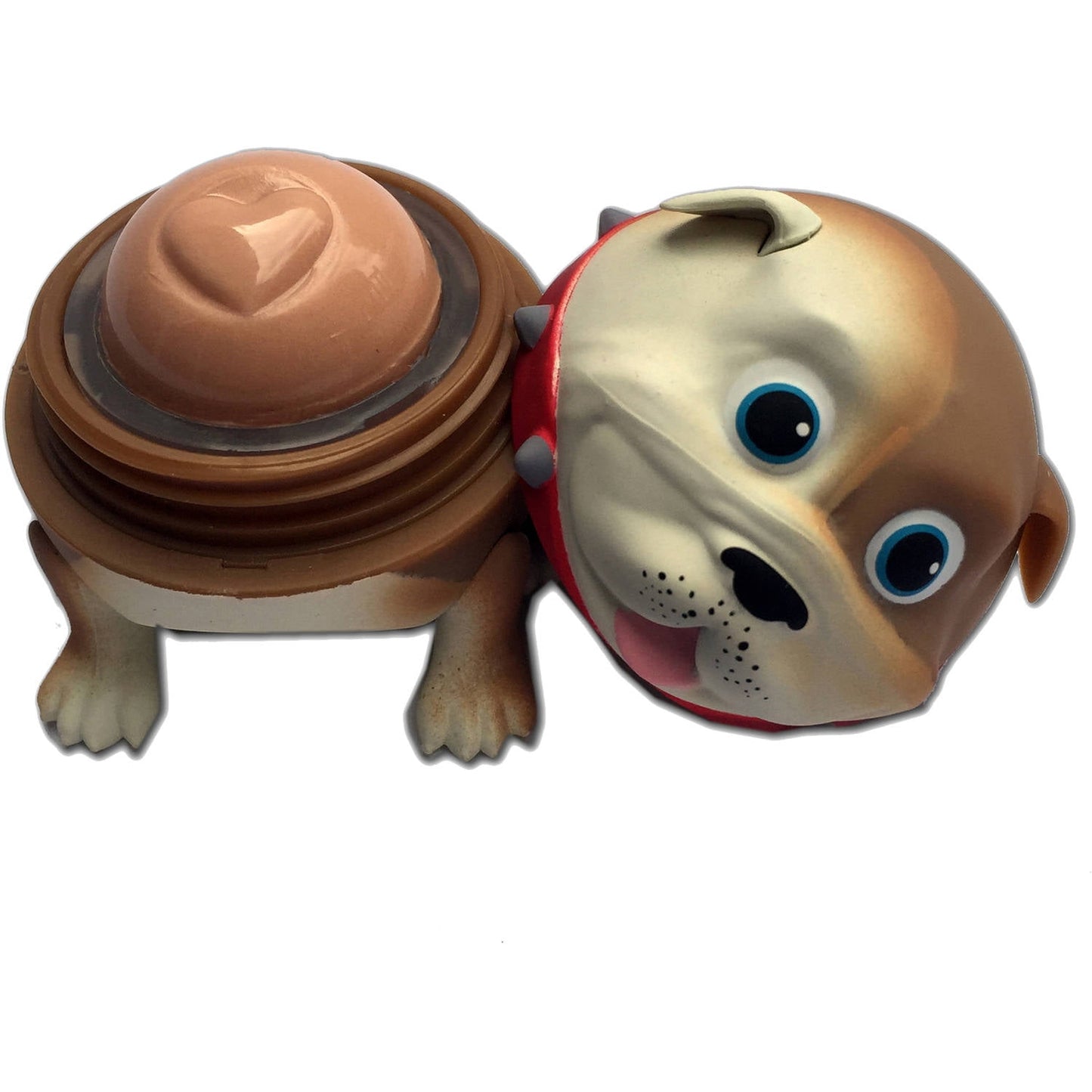 Brown and tan bulldog character toy with large blue eyes and red collar, shown with detachable round brown shell back piece featuring heart design