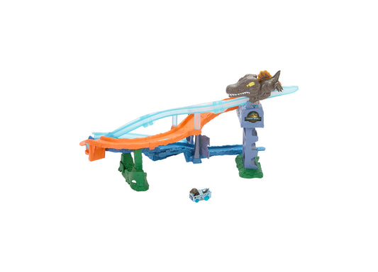 Hot Wheels RacerVerse Jurassic World Crash & Splash Track Set with dinosaur launcher and die-cast car on plain background