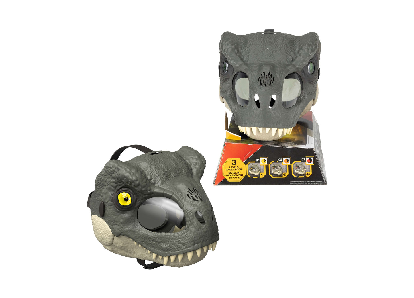 Two gray T-Rex dinosaur masks with yellow eyes, white teeth, and black straps; one shown on plain background, one on packaging box