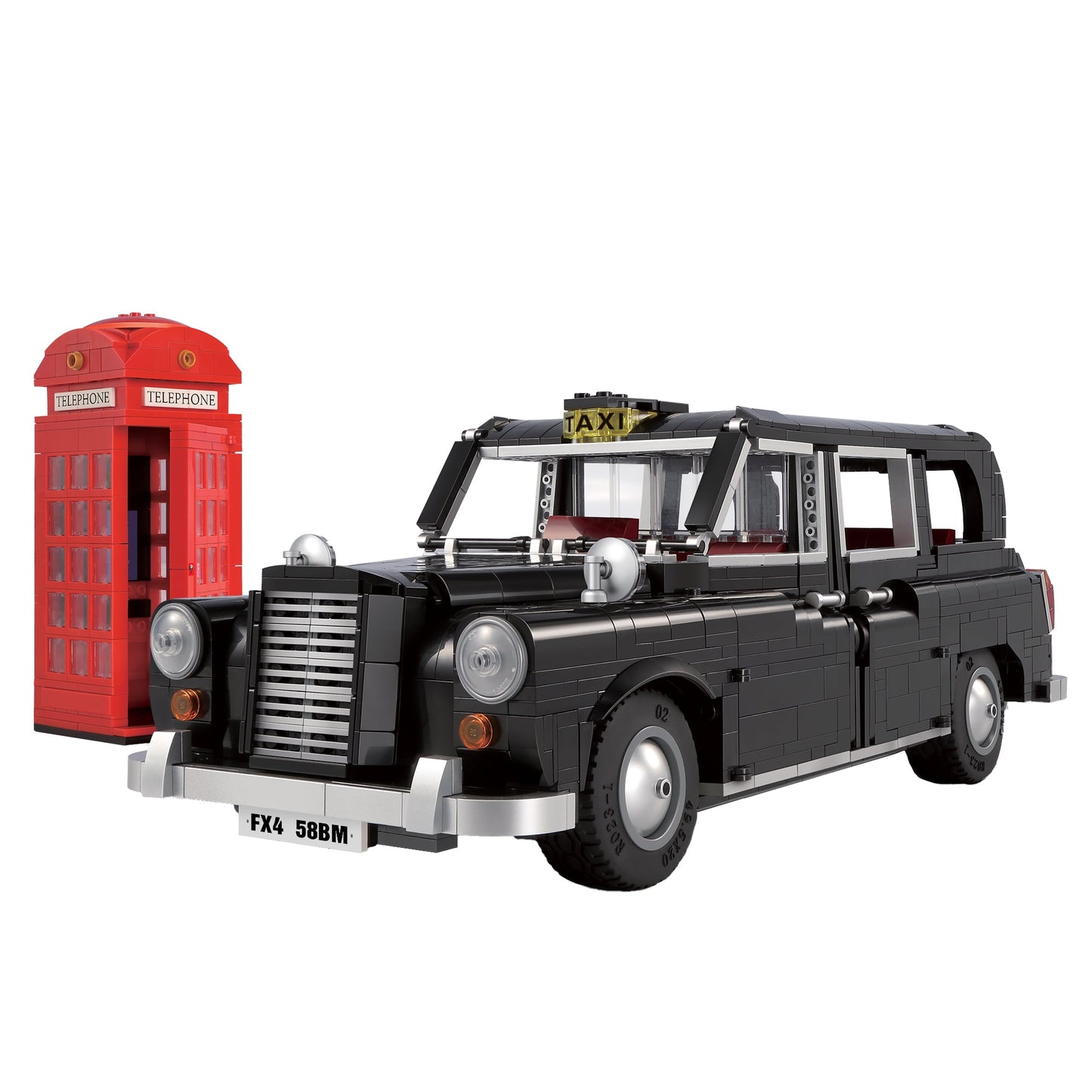 Black London taxi cab building set with red telephone booth, detailed brick-built model with opening doors and white-wall tires