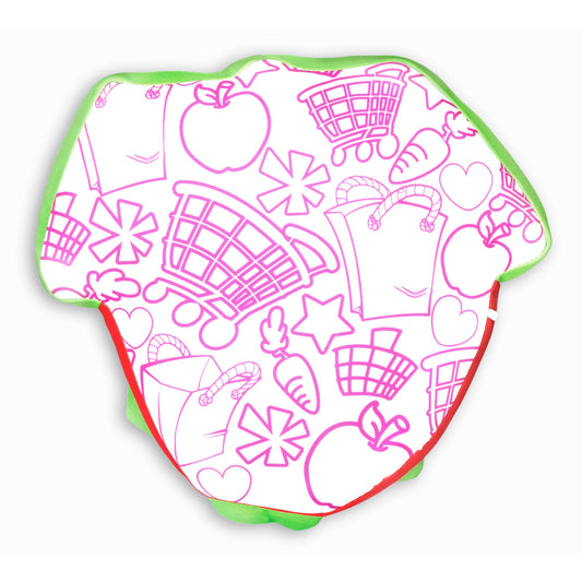 Strawberry Kiss Shopkins plush pillow toy shaped like a strawberry with pink outline design of shopping carts, hearts, apples, and food items on white fabric, g