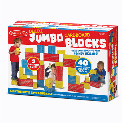 Melissa & Doug Deluxe Jumbo Cardboard Blocks set with 40 red, blue, and yellow blocks in 3 sizes, modeled by children building a large structure