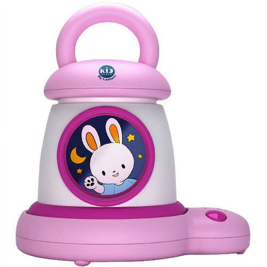 Pink and white nightlight lantern with handle, featuring cartoon bunny character on viewing window with moon and stars