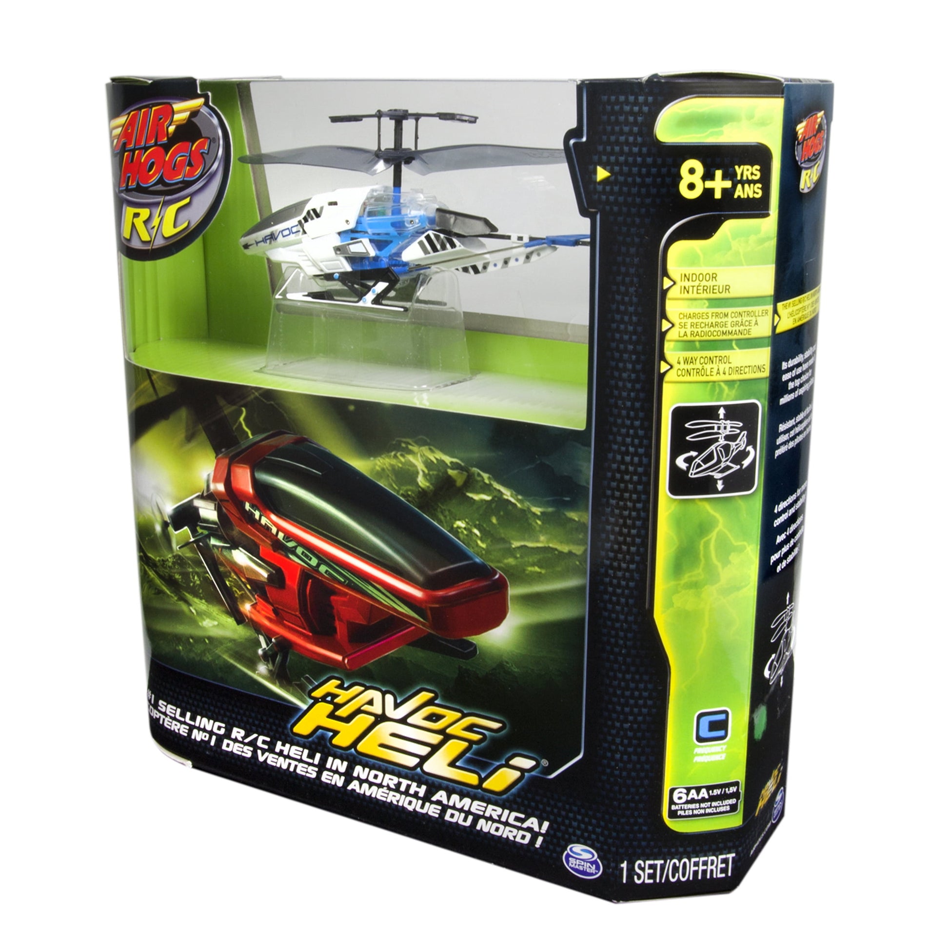 Air Hogs Remote Control Havoc Heli packaging showing blue and white RC helicopter and red remote control, 8+ years