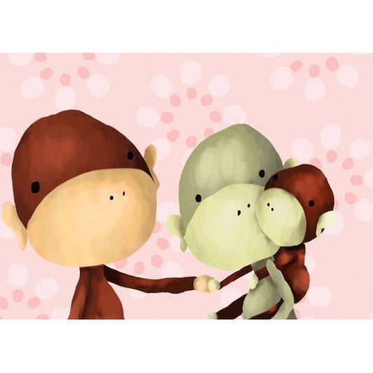 Illustration of two cartoon monkeys holding hands against a pink background with bokeh circles, one brown and cream-colored, one green and brown