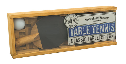 Wooden Games Workshop table tennis set in wooden box with paddle, white ball, and instructional label