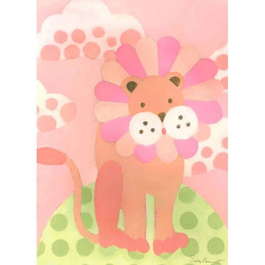Illustrated lion with pink and white flower-shaped mane on green grass with pink sky and white clouds, canvas wall art