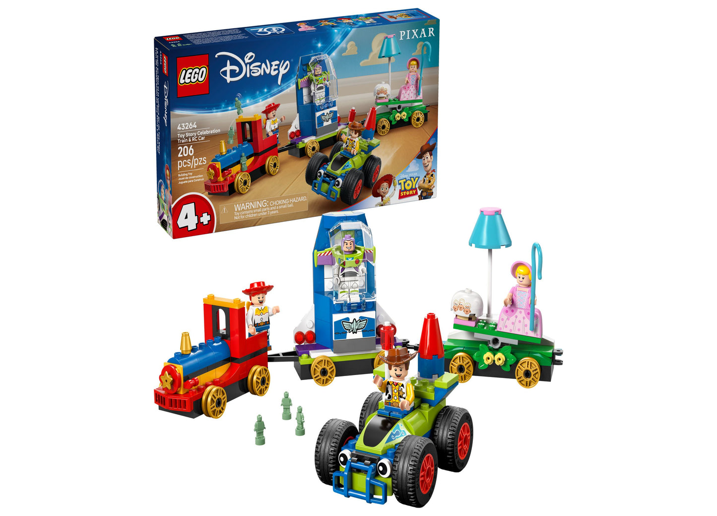 LEGO Disney Pixar Toy Story 30th Anniversary Celebration Train Set with red locomotive, blue rocket ship car, green carnival car, minifigures including Woody an