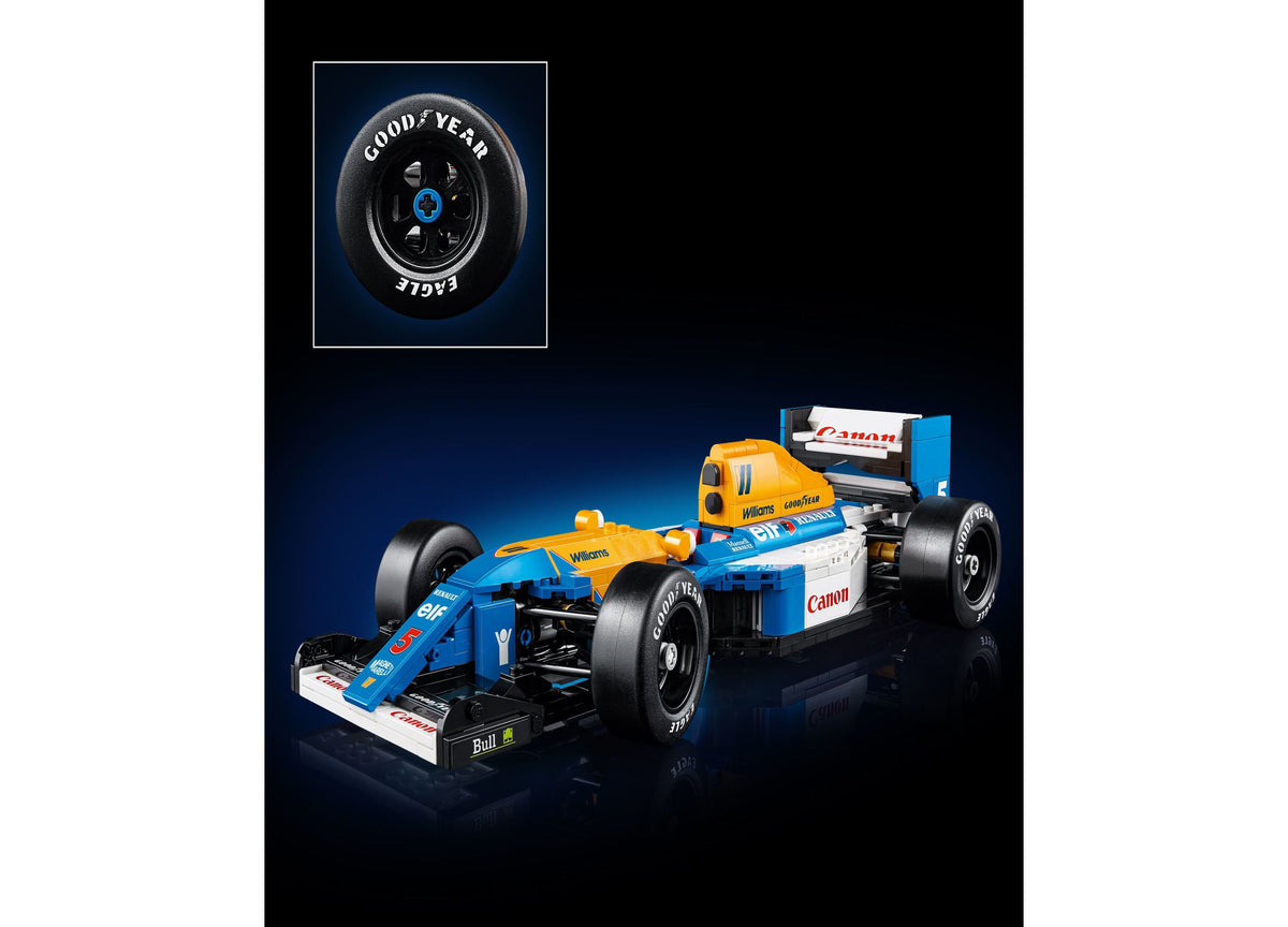 LEGO Icons Williams Racing FW14B model car set with blue and yellow race car, Goodyear tire display, and podium