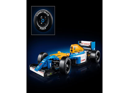 LEGO Icons Williams Racing FW14B model car set with blue and yellow race car, Goodyear tire display, and podium