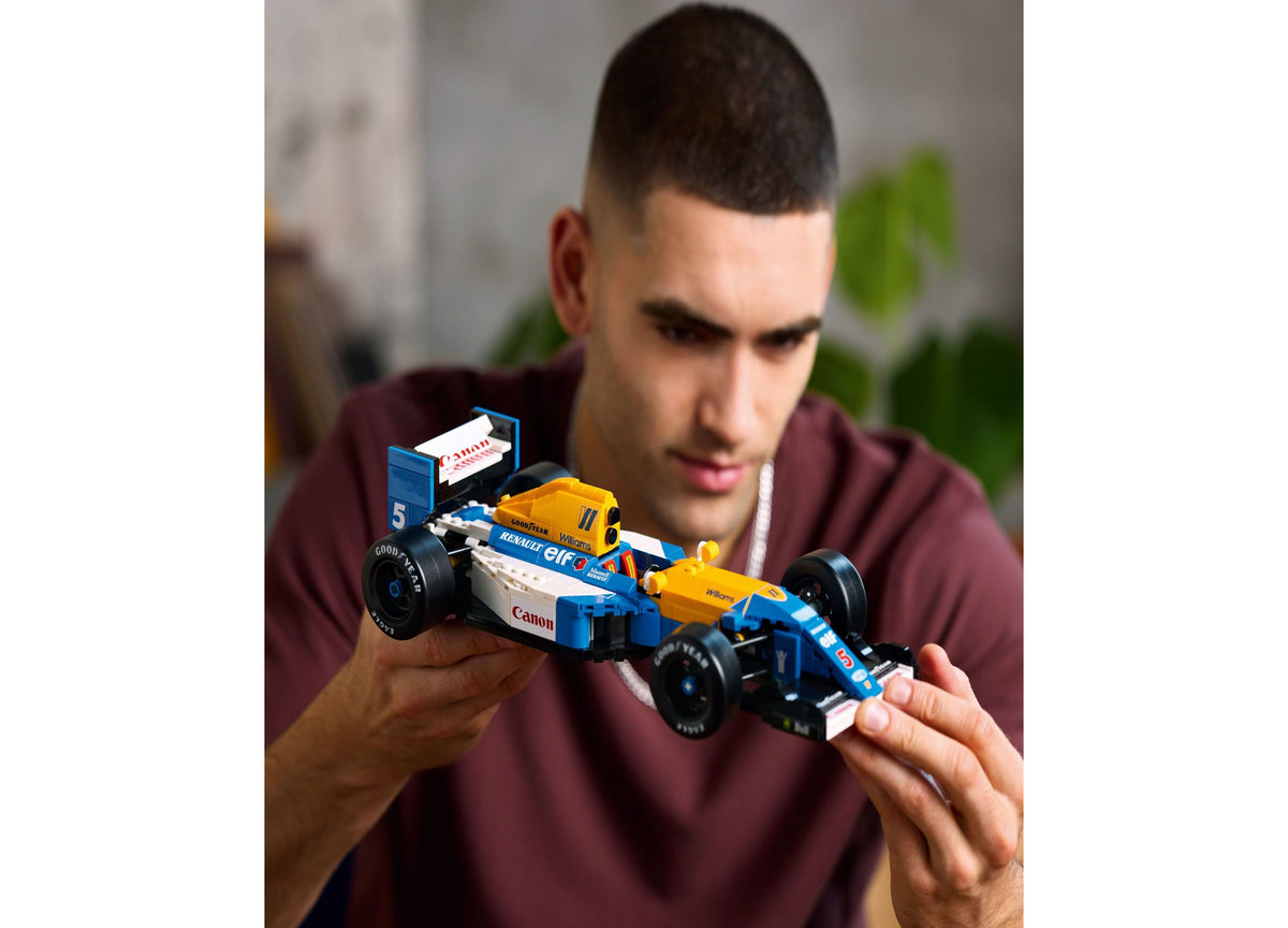 LEGO Icons Williams Racing FW14B model car set in blue, white and yellow with minifigure