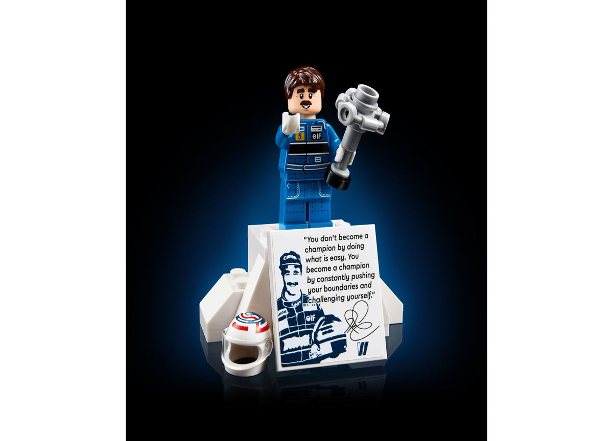 LEGO Icons Williams Racing FW14B set with blue race car, Nigel Mansell minifigure, and victory podium display
