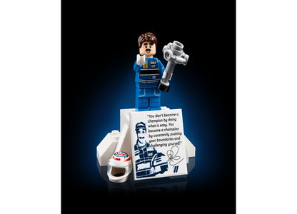 LEGO Icons Williams Racing FW14B set with blue race car, Nigel Mansell minifigure, and victory podium display