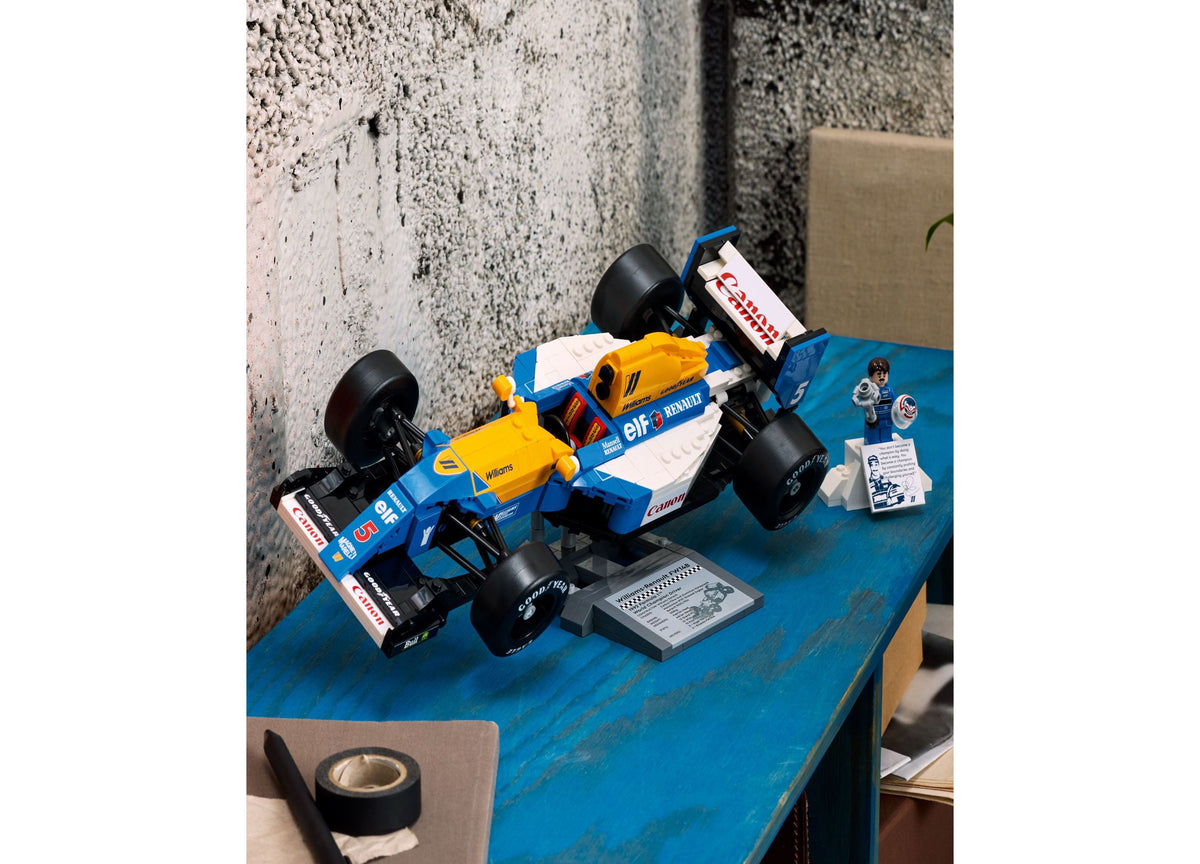 LEGO Icons Williams Racing FW14B blue and yellow race car with Nigel Mansell minifigure and podium display