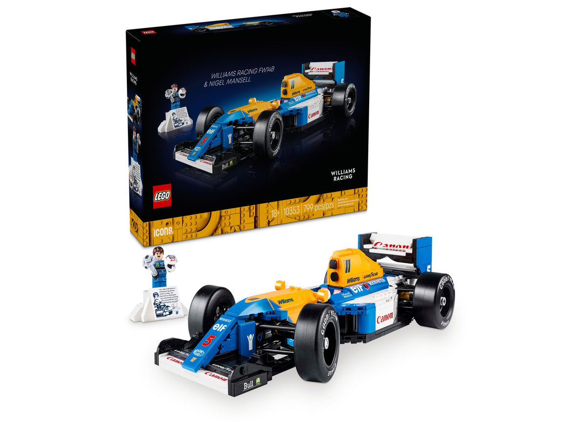 LEGO Icons Williams Racing FW14B set with blue and yellow race car, minifigure, and podium display