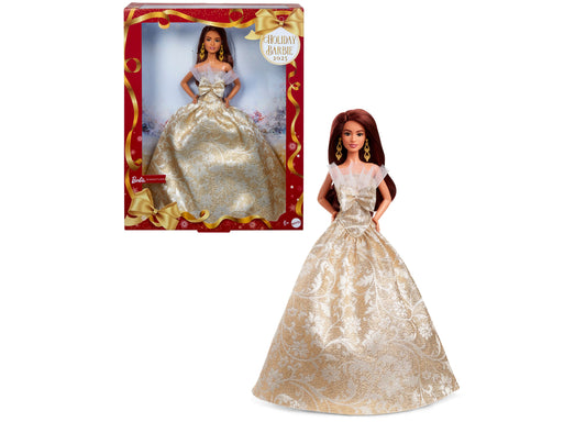 Holiday Barbie 2025 doll with dark brown hair in champagne gold ball gown with bow detail, shown in packaging and on model