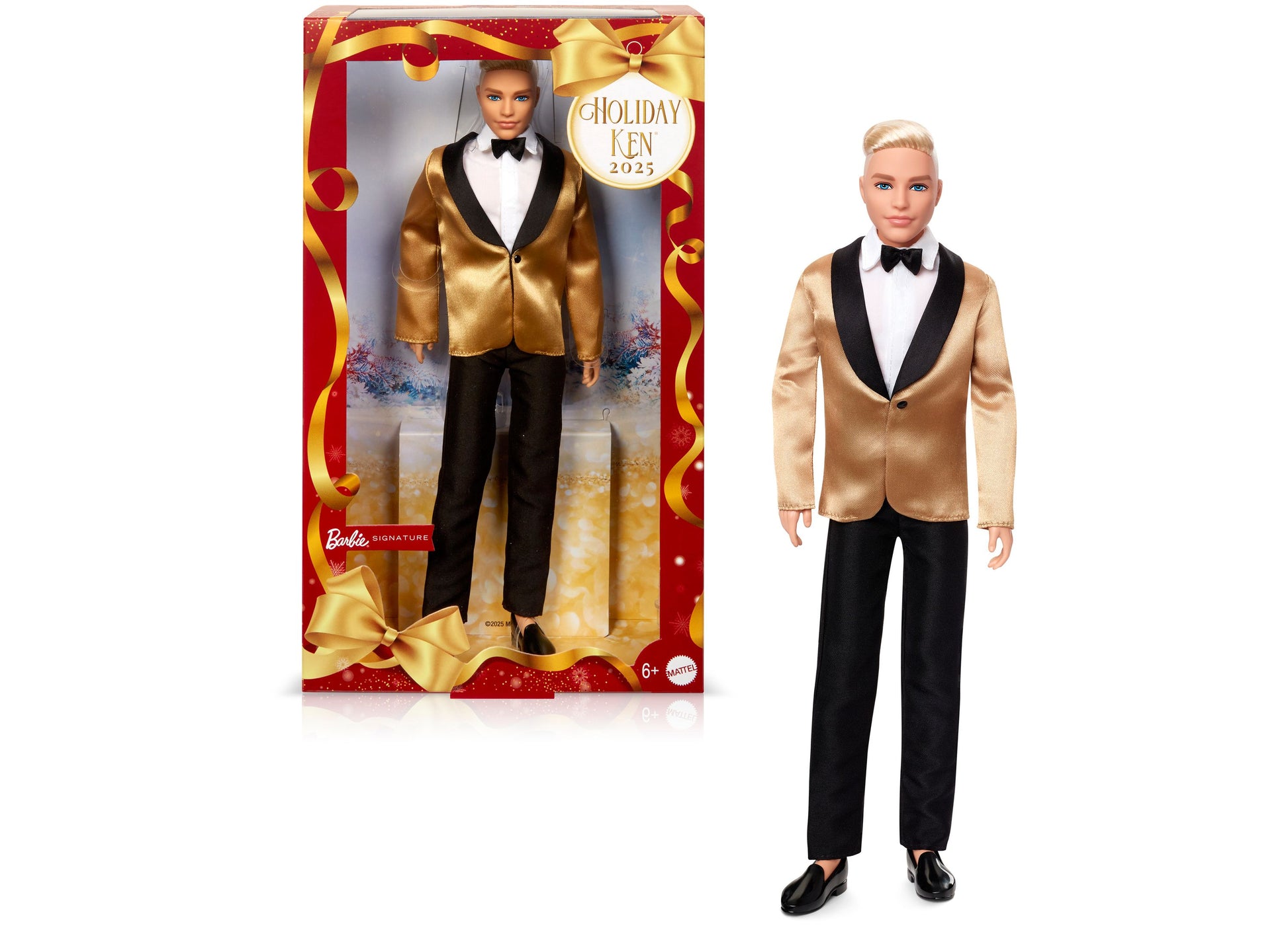 Holiday Ken 2025 doll in gold satin blazer with black lapels, white shirt, and black bow tie, shown in packaging and on model