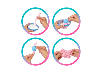 Barbie Pop Reveal Sweet Treat Series showing blue and pink slime accessories and cupcake toy