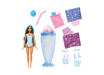 Barbie Pop Reveal Sweet Treat Series doll with blue hair, accessories, and surprise reveal cup