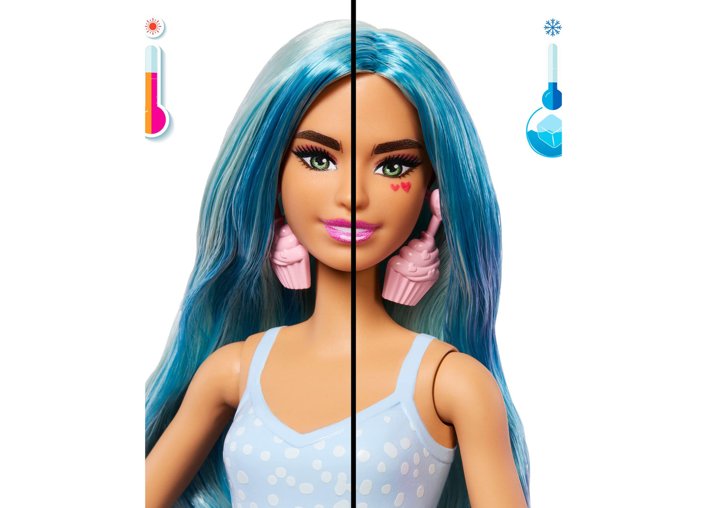 Barbie Pop Reveal Sweet Treat Series doll with blue hair, pink cupcake earrings, and color-change accessories