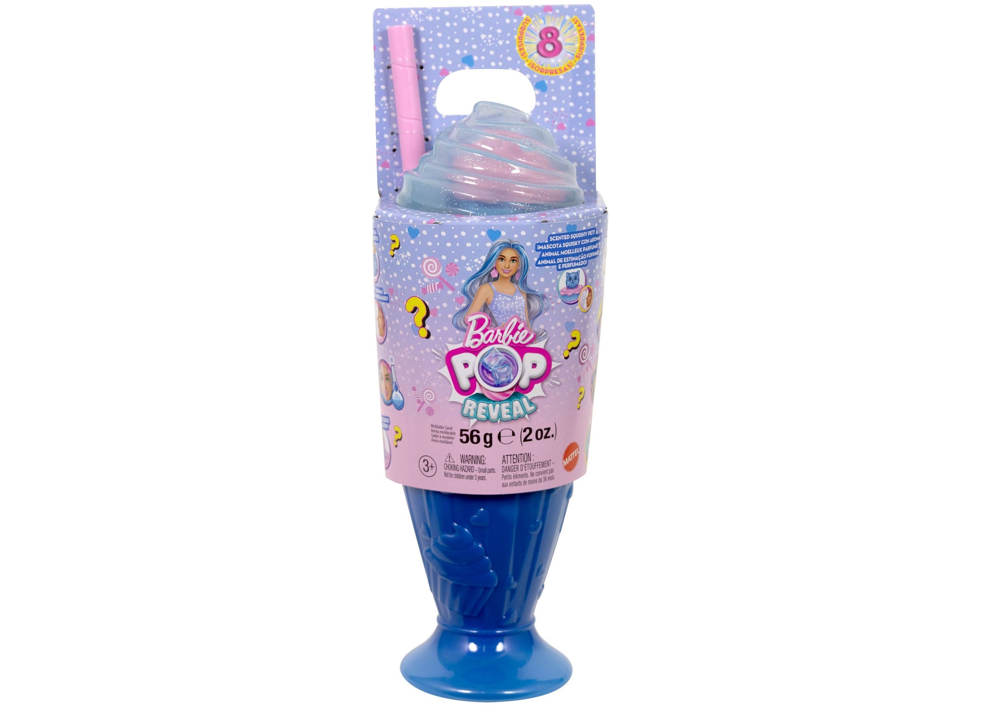 Barbie Pop Reveal Sweet Treat Series doll in blue bottle with pink packaging