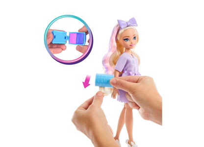 Barbie Malibu Doll with purple bow and blonde hair, shown with blue hair styling accessory tool