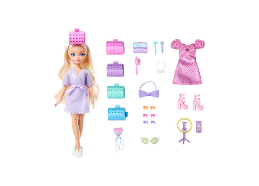 Barbie Dream Besties Malibu Doll with blonde hair, purple outfit, and 25+ accessories including pink shoes, bags, and...